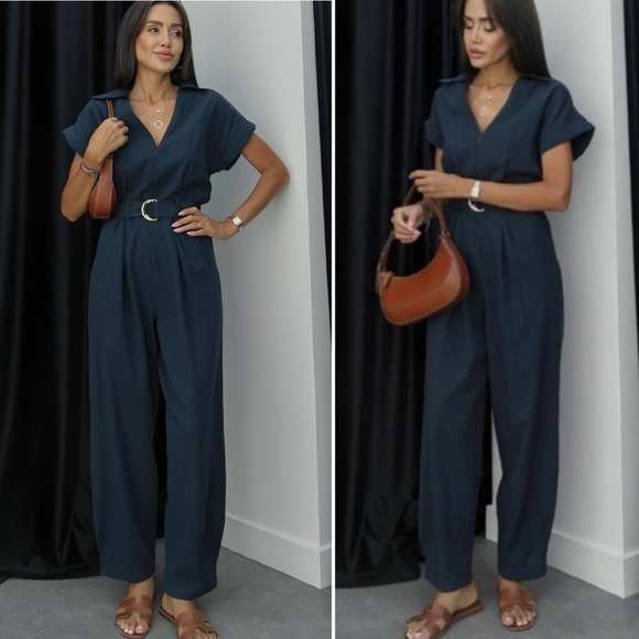 Zara Navy Linen Jumpsuit Size L * no belt - Picture 1 of 6